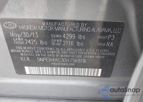 2013 Hyundai Sonata Gls z USA, uszkodzony, nr VIN 5NPEB4AC3DH756818